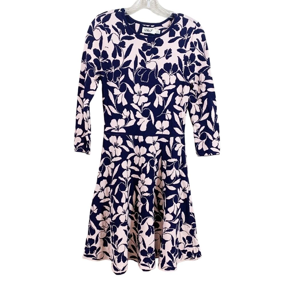Eliza J Navy/Light Pink Floral Fit & Flare Dress 3/4 Sleeves